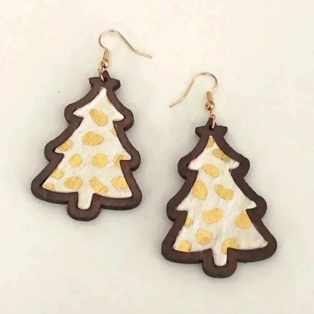 Golden Gold Spot Christmas Tree Animal Print Wooden Drop Earrings NWT